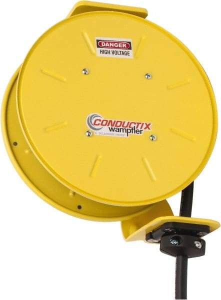 Conductix - 14 AWG, 30' Cable Length, Cord & Cable Reel with Bare End - 4 Outlets, NEMA 5-15R, 12 Amps, SEOW-A Cable, Yellow Reel, Spring Driven Reel - Americas Tooling