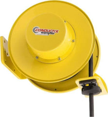 Conductix - 12 AWG, 40' Cable Length, Cord & Cable Reel with Bare End - 4 Outlets, NEMA 5-15R, 16 Amps, SEOW-A Cable, Yellow Reel, Spring Driven Reel - Americas Tooling