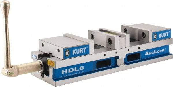 Kurt - 6" Jaw Width, 4" Jaw Opening Capacity, Horizontal Stationary Machine Vise - Manual Operation, 7,460 Lb Capacity, 1 Station, 22.45" Long x 4.853" High x 1-47/64" Deep, 44.07mm Jaw Height - Americas Tooling