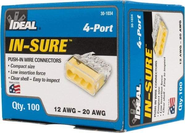 Ideal - 4 Port, 18 to 12 AWG Compatible, Push-In Wire Connector - 0.78" OAL x 0.82" OAW x 0.38" OAH, Yellow - Americas Tooling