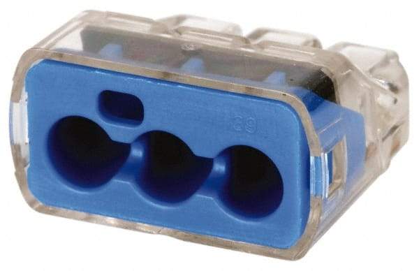 Ideal - 3 Port, 14 to 10 AWG Compatible, Push-In Wire Connector - 0.78" OAL x 0.086" OAW x 0.45" OAH, Blue - Americas Tooling