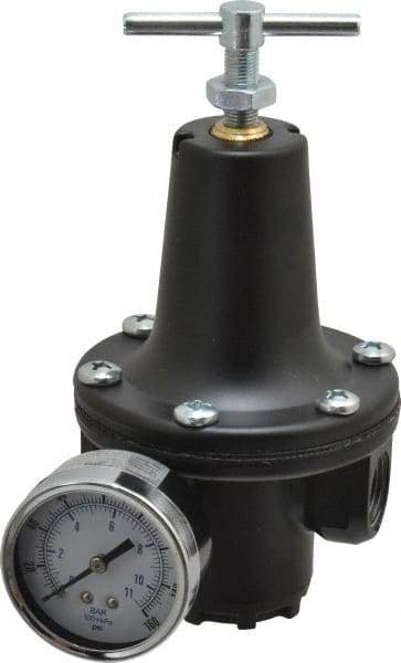 Parker - 1/2 NPT Port, 300 CFM, Zinc Heavy-Duty T-Handle Regulator - 2 to 125 psi Range, 300 Max psi Supply Pressure, 1/4" Gauge Port Thread, 3-1/2" Wide x 6-3/4" High - Americas Tooling