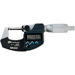 Mitutoyo - 0 to 1" Range, 0.00005" Resolution, Standard Throat IP65 Electronic Outside Micrometer - 0.00005" Accuracy, Ratchet Stop Thimble, Carbide-Tipped Face, SR44 Battery - Americas Tooling