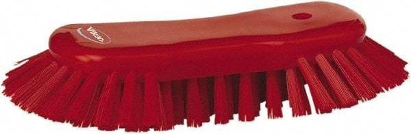 Vikan - 1.3" Bristle Length, Polyester Utility Scrub Brush - 7-3/4" Long x 3" Wide Head, 8" OAL, European Threaded Handle, Red, Polypropylene Block - Americas Tooling