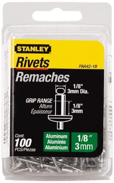 Stanley - Button Head Aluminum Color Coded Blind Rivet - Aluminum Mandrel, 0.062" to 1/8" Grip, 1/4" Head Diam, 0.125" to 0.133" Hole Diam, 0.275" Length Under Head, 1/8" Body Diam - Americas Tooling