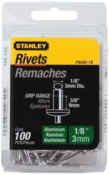 Stanley - Aluminum Color Coded Blind Rivet - Aluminum Mandrel, 0.313" to 3/8" Grip, 1/4" Head Diam, 0.125" to 0.133" Hole Diam, 0.525" Length Under Head, 1/8" Body Diam - Americas Tooling