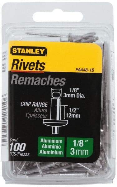 Stanley - Aluminum Color Coded Blind Rivet - Aluminum Mandrel, 3/8" to 1/2" Grip, 1/4" Head Diam, 0.125" to 0.133" Hole Diam, 0.65" Length Under Head, 1/8" Body Diam - Americas Tooling