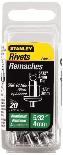 Stanley - Aluminum Color Coded Blind Rivet - Aluminum Mandrel, 0.031" to 1/8" Grip, 5/16" Head Diam, 0.156" to 0.164" Hole Diam, 0.3" Length Under Head, 5/32" Body Diam - Americas Tooling