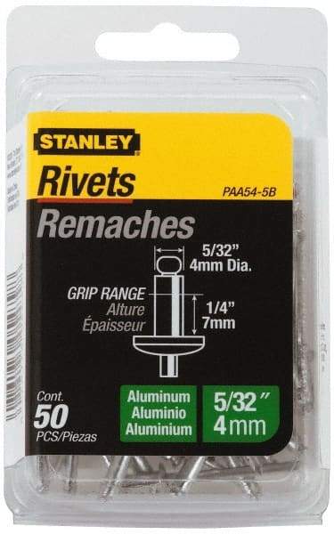 Stanley - Aluminum Color Coded Blind Rivet - Aluminum Mandrel, 0.188" to 1/4" Grip, 5/16" Head Diam, 0.156" to 0.164" Hole Diam, 0.425" Length Under Head, 5/32" Body Diam - Americas Tooling