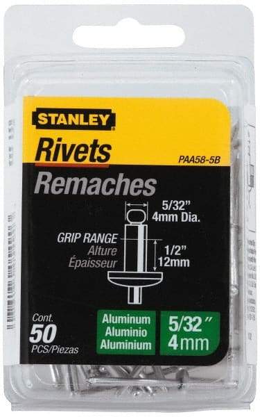 Stanley - Aluminum Color Coded Blind Rivet - Aluminum Mandrel, 3/8" to 1/2" Grip, 5/16" Head Diam, 0.156" to 0.164" Hole Diam, 0.675" Length Under Head, 5/32" Body Diam - Americas Tooling