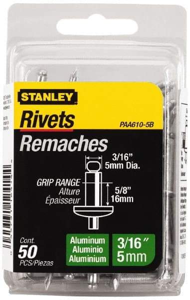 Stanley - Aluminum Color Coded Blind Rivet - Aluminum Mandrel, 1/2" to 5/8" Grip, 3/8" Head Diam, 0.188" to 0.196" Hole Diam, 0.825" Length Under Head, 3/16" Body Diam - Americas Tooling