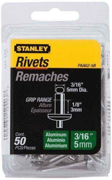 Stanley - Aluminum Color Coded Blind Rivet - Aluminum Mandrel, 0.032" to 1/8" Grip, 3/8" Head Diam, 0.188" to 0.196" Hole Diam, 0.325" Length Under Head, 3/16" Body Diam - Americas Tooling