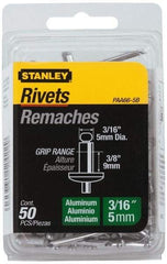 Stanley - Aluminum Color Coded Blind Rivet - Aluminum Mandrel, 0.313" to 3/8" Grip, 3/8" Head Diam, 0.188" to 0.196" Hole Diam, 0.575" Length Under Head, 3/16" Body Diam - Americas Tooling