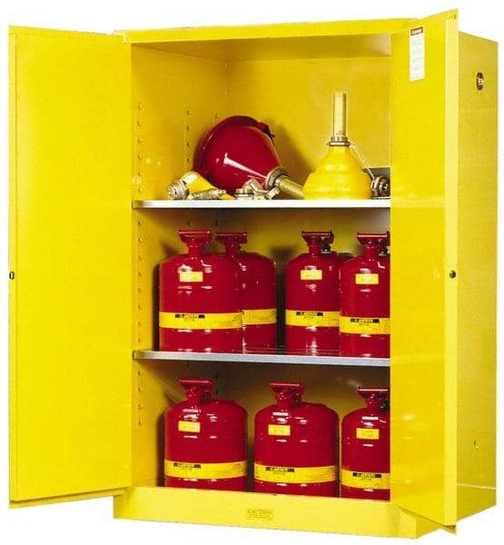 Justrite - 2 Door, 2 Shelf, Yellow Steel Standard Safety Cabinet for Flammable and Combustible Liquids - 65" High x 43" Wide x 34" Deep, Self Closing Door, 90 Gal Capacity - Americas Tooling