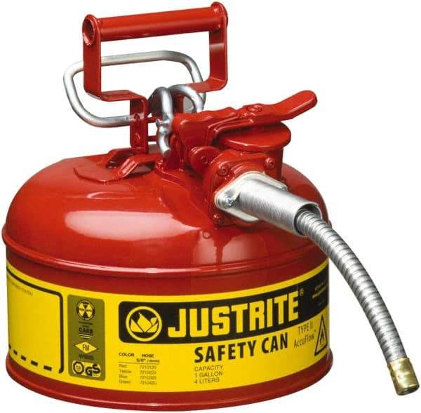 Justrite - 1 Gal Galvanized Steel Type II Safety Can - 10-1/2" High x 9-1/2" Diam, Red with Yellow - Americas Tooling