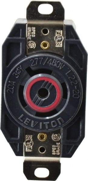 Leviton - 277/480 VAC, 20 Amp, L22-20R NEMA, Self Grounding Receptacle - 4 Poles, 5 Wire, Female End, Black - Americas Tooling