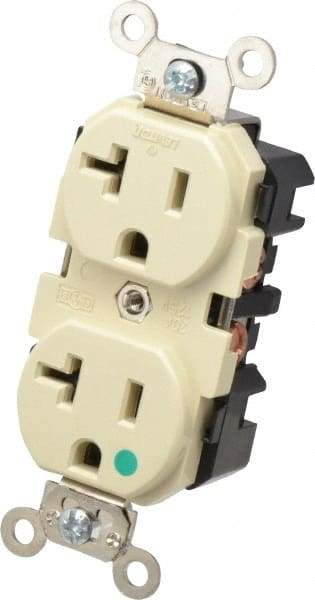 Leviton - 125 VAC, 20 Amp, 5-20R NEMA Configuration, Ivory, Hospital Grade, Self Grounding Duplex Receptacle - 1 Phase, 2 Poles, 3 Wire, Flush Mount, Impact Resistant - Americas Tooling