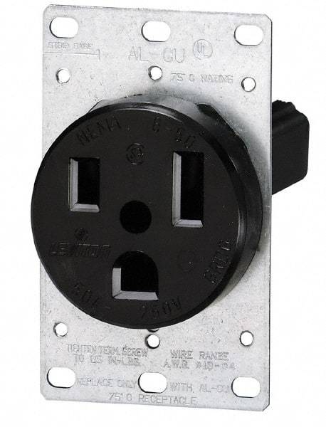 Leviton - 250 VAC, 60 Amp, 15-60R NEMA Configuration, Black, Industrial Grade, Self Grounding Single Receptacle - 1 Phase, 3 Poles, 4 Wire, Flush Mount, Tamper Resistant - Americas Tooling