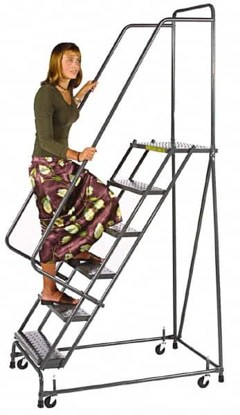 Ballymore - 83" 5 Step Ladder - Spring Loaded Rolling Safety Ladder, 450 Lb Capacity, 47-1/2" Platform Height, 20" Base Width x 42" Depth, Heavy-Duty Serrated Grating - Americas Tooling