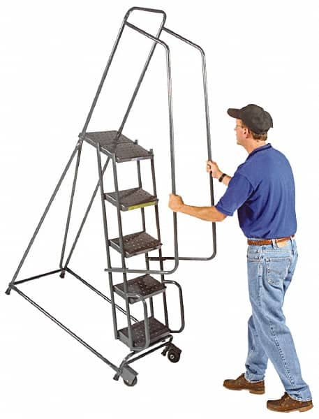 Ballymore - 78" 5 Step Ladder - Tilt & Roll Safety Ladder, 450 Lb Capacity, 47-1/2" Platform Height, 20" Base Width x 42" Base Depth, Heavy-Duty Serrated Grating - Americas Tooling