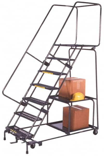 Ballymore - 103" 7 Step Stock-Picking Ladder - 450 Lb Capacity, 70" Platform Height, 30" Base Width x 55" Depth, Expanded Metal Tread - Americas Tooling