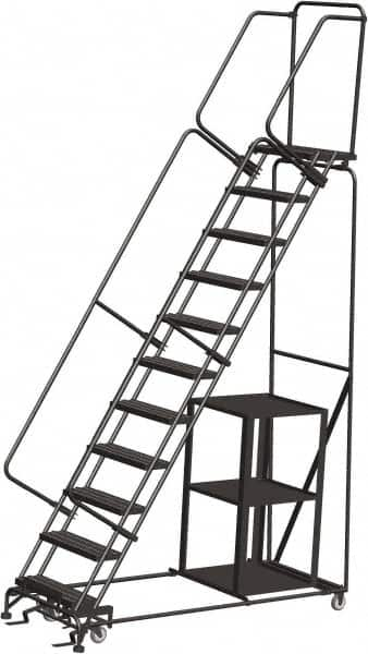 Ballymore - 143" 11 Step Ladder - Safety Stock Picking Ladder, 450 Lb Capacity, 110" Platform Height, 32" Base Width x 80" Depth, Perforated Tread - Americas Tooling