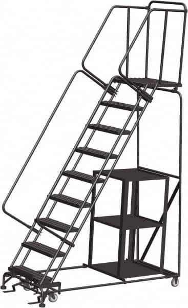 Ballymore - 123" 9 Step Ladder - Safety Stock Picking Ladder, 450 Lb Capacity, 90" Platform Height, 32" Base Width x 74" Depth, Expanded Metal Tread - Americas Tooling