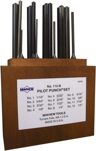 Mayhew - 12 Piece, 1/16 to 1/2", Roll Pin Punch Set - Round Shank, Alloy Steel, Comes in Wood Box - Americas Tooling