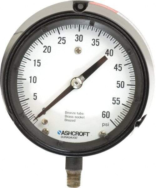 Ashcroft - 4-1/2" Dial, 1/4 Thread, 0-60 Scale Range, Pressure Gauge - Lower Connection, Rear Flange Connection Mount, Accurate to 0.5% of Scale - Americas Tooling