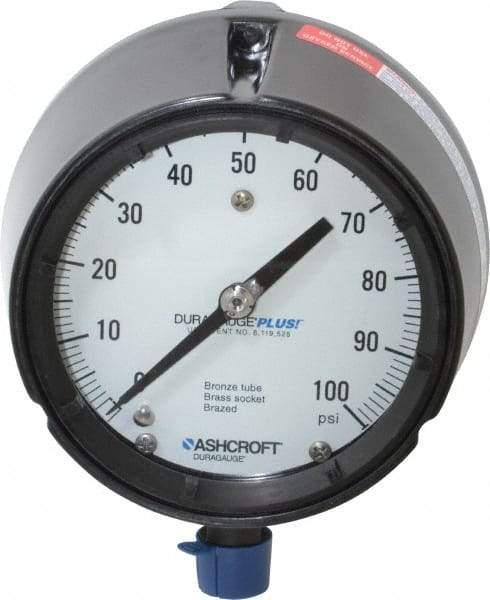 Ashcroft - 4-1/2" Dial, 1/2 Thread, 0-100 Scale Range, Pressure Gauge - Lower Connection, Rear Flange Connection Mount, Accurate to 0.5% of Scale - Americas Tooling