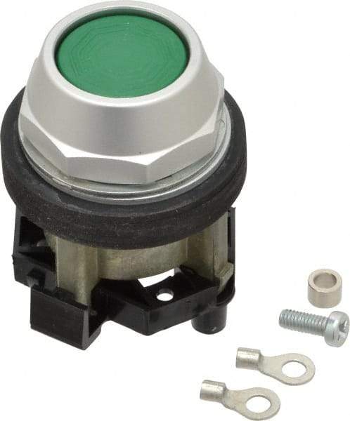 Eaton Cutler-Hammer - 30-1/2mm Mount Hole, Flush, Pushbutton Switch Only - Round, Green Pushbutton, Nonilluminated, Momentary (MO), Corrosion Resistant, Oiltight and Watertight - Americas Tooling