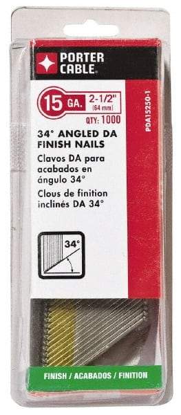 Porter-Cable - 15 Gauge 2-1/2" Long Finishing Nails for Power Nailers - Grade 2 Steel, Bright Finish, Angled Stick Collation, Chisel Point - Americas Tooling