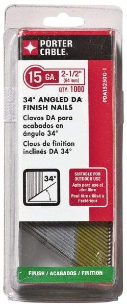 Porter-Cable - 15 Gauge 2-1/2" Long Finishing Nails for Power Nailers - Grade 2 Steel, Galvanized Finish, Angled Stick Collation, Chisel Point - Americas Tooling