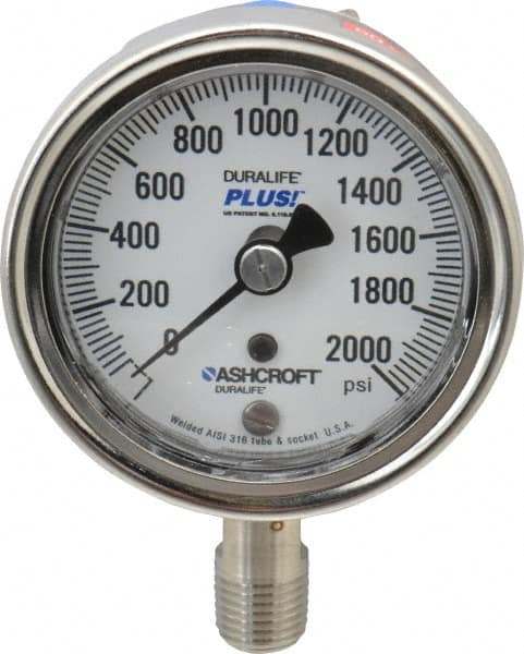 Ashcroft - 2-1/2" Dial, 1/4 Thread, 0-2,000 Scale Range, Pressure Gauge - Lower Connection Mount, Accurate to 1% of Scale - Americas Tooling