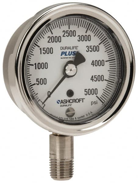 Ashcroft - 2-1/2" Dial, 1/4 Thread, 0-5,000 Scale Range, Pressure Gauge - Lower Connection Mount, Accurate to 1% of Scale - Americas Tooling