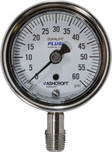 Ashcroft - 2-1/2" Dial, 1/4 Thread, 0-60 Scale Range, Pressure Gauge - Lower Connection Mount, Accurate to 1% of Scale - Americas Tooling