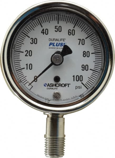 Ashcroft - 2-1/2" Dial, 1/4 Thread, 0-100 Scale Range, Pressure Gauge - Lower Connection Mount, Accurate to 1% of Scale - Americas Tooling