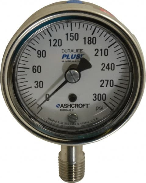 Ashcroft - 2-1/2" Dial, 1/4 Thread, 0-300 Scale Range, Pressure Gauge - Lower Connection Mount, Accurate to 1% of Scale - Americas Tooling