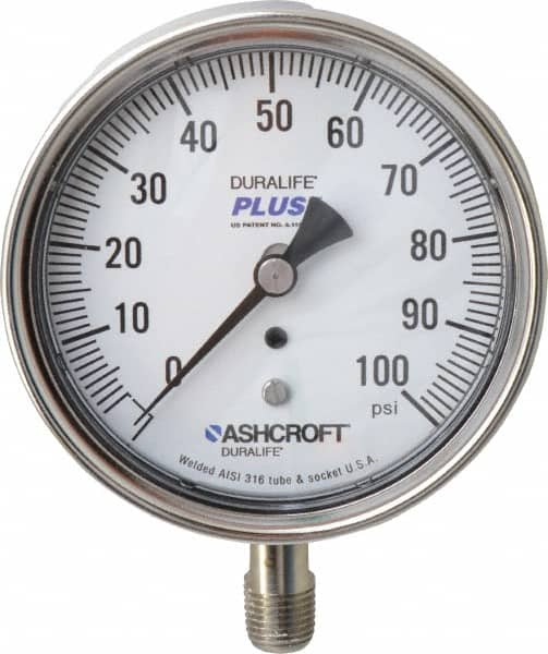 Ashcroft - 3-1/2" Dial, 1/4 Thread, 0-100 Scale Range, Pressure Gauge - Lower Connection Mount, Accurate to 1% of Scale - Americas Tooling