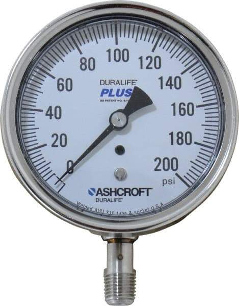 Ashcroft - 3-1/2" Dial, 1/4 Thread, 0-200 Scale Range, Pressure Gauge - Lower Connection Mount, Accurate to 1% of Scale - Americas Tooling