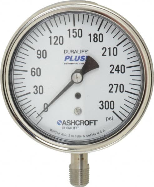 Ashcroft - 3-1/2" Dial, 1/4 Thread, 0-300 Scale Range, Pressure Gauge - Lower Connection Mount, Accurate to 1% of Scale - Americas Tooling