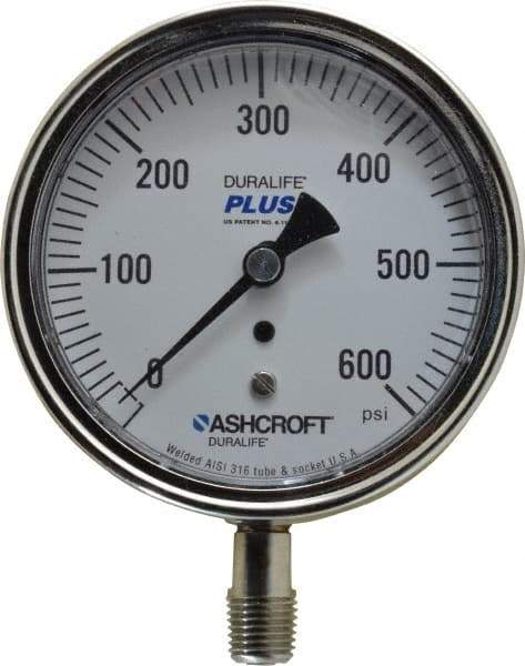 Ashcroft - 3-1/2" Dial, 1/4 Thread, 0-600 Scale Range, Pressure Gauge - Lower Connection Mount, Accurate to 1% of Scale - Americas Tooling