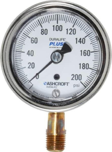 Ashcroft - 2-1/2" Dial, 1/4 Thread, 0-200 Scale Range, Pressure Gauge - Lower Connection Mount, Accurate to 1% of Scale - Americas Tooling