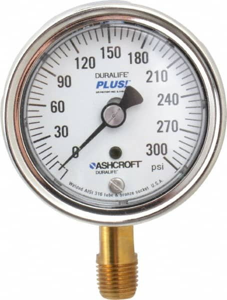 Ashcroft - 2-1/2" Dial, 1/4 Thread, 0-300 Scale Range, Pressure Gauge - Lower Connection Mount, Accurate to 1% of Scale - Americas Tooling