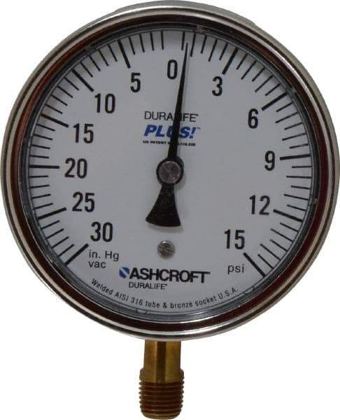 Ashcroft - 3-1/2" Dial, 1/4 Thread, 30-0-15 Scale Range, Pressure Gauge - Lower Connection Mount, Accurate to 1% of Scale - Americas Tooling