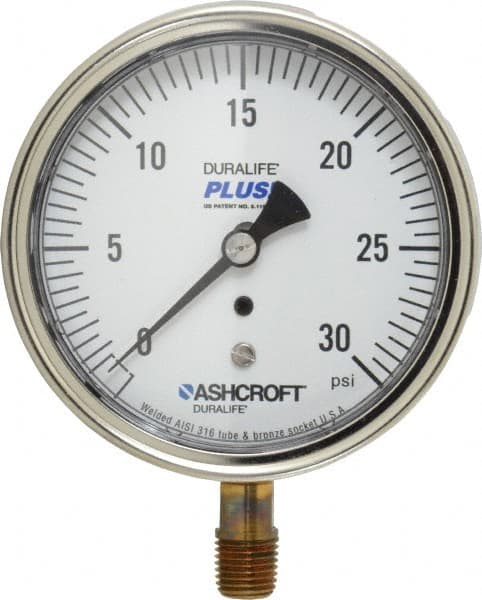 Ashcroft - 3-1/2" Dial, 1/4 Thread, 0-30 Scale Range, Pressure Gauge - Lower Connection Mount, Accurate to 1% of Scale - Americas Tooling