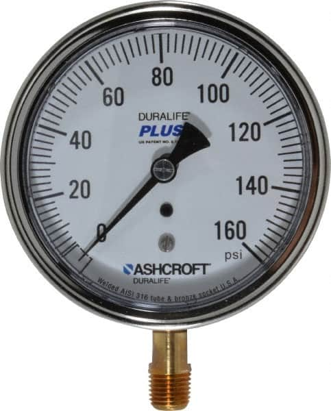 Ashcroft - 3-1/2" Dial, 1/4 Thread, 0-160 Scale Range, Pressure Gauge - Lower Connection Mount, Accurate to 1% of Scale - Americas Tooling