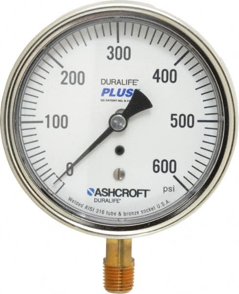 Ashcroft - 3-1/2" Dial, 1/4 Thread, 0-600 Scale Range, Pressure Gauge - Lower Connection Mount, Accurate to 1% of Scale - Americas Tooling