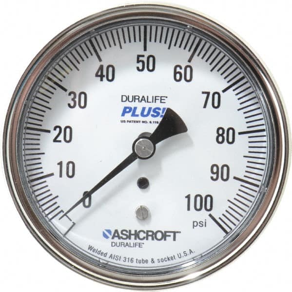 Ashcroft - 3-1/2" Dial, 1/4 Thread, 0-100 Scale Range, Pressure Gauge - Center Back Connection Mount, Accurate to 1% of Scale - Americas Tooling