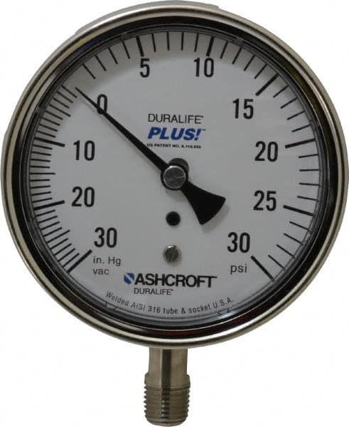 Ashcroft - 3-1/2" Dial, 1/4 Thread, 30-0-30 Scale Range, Pressure Gauge - Lower Connection Mount, Accurate to 1% of Scale - Americas Tooling